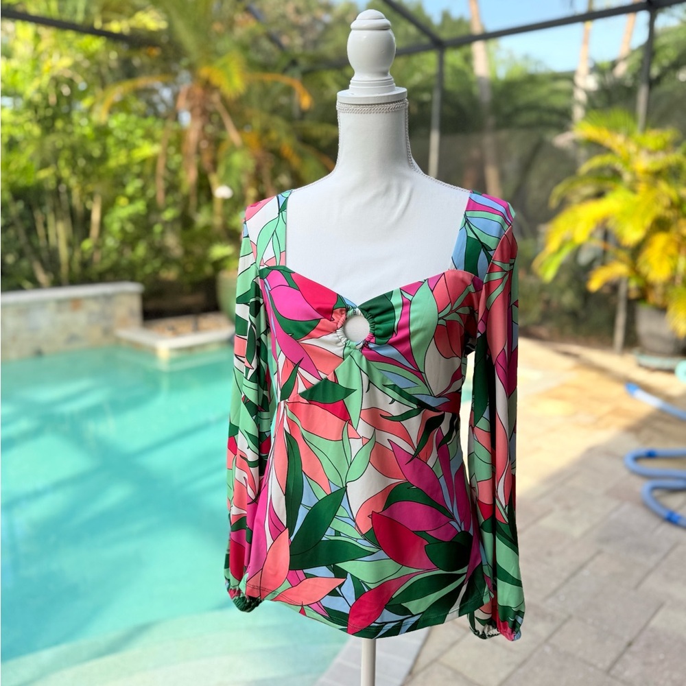 Boston Proper Pink and Green Graphic Tie Front Blouse